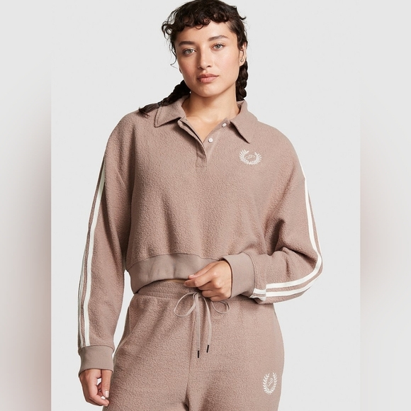 NWT PINK Victoria's Secret Preppy Fleece Cozy Cropped Polo Sweater Top Size XXL - Picture 10 of 11